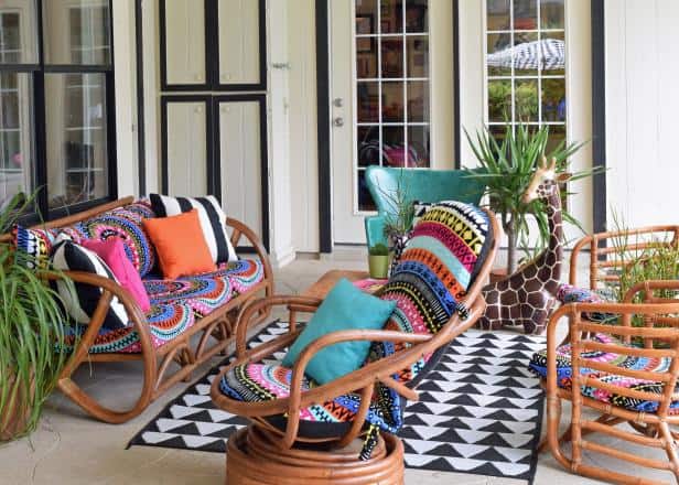 Outdoor furniture with colorful pillows outside