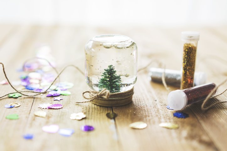 Homemade snow globe, christmas tree in a jar