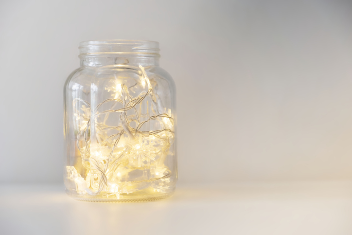 white christmas lights in a clear jar, christmas decoration