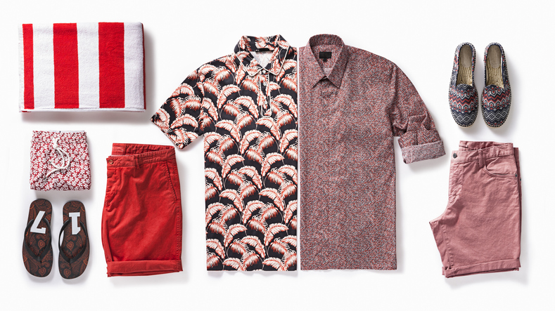 patterned shirts, shorts and shoes laid out on blank background