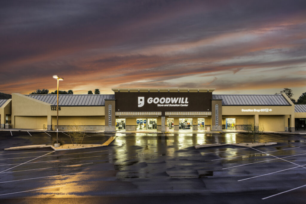 Front of Goodwill store at sunset