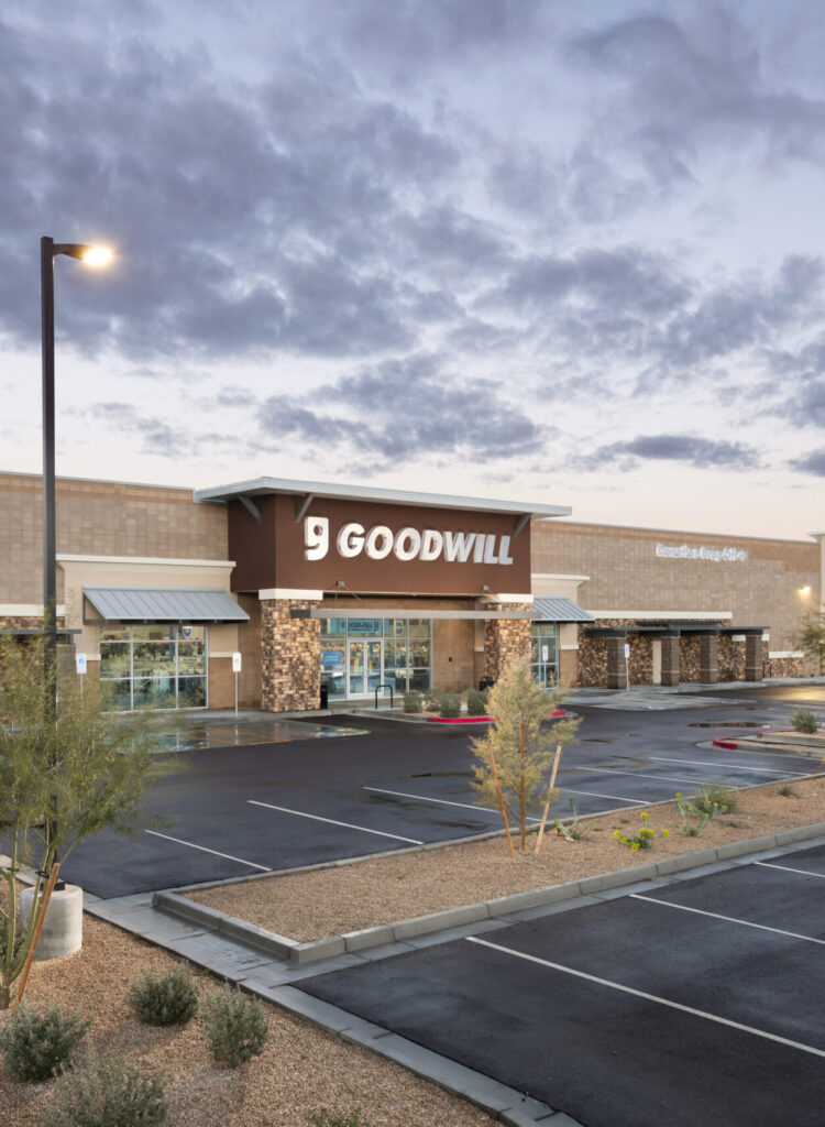 exterior of a Goodwill store at sunset