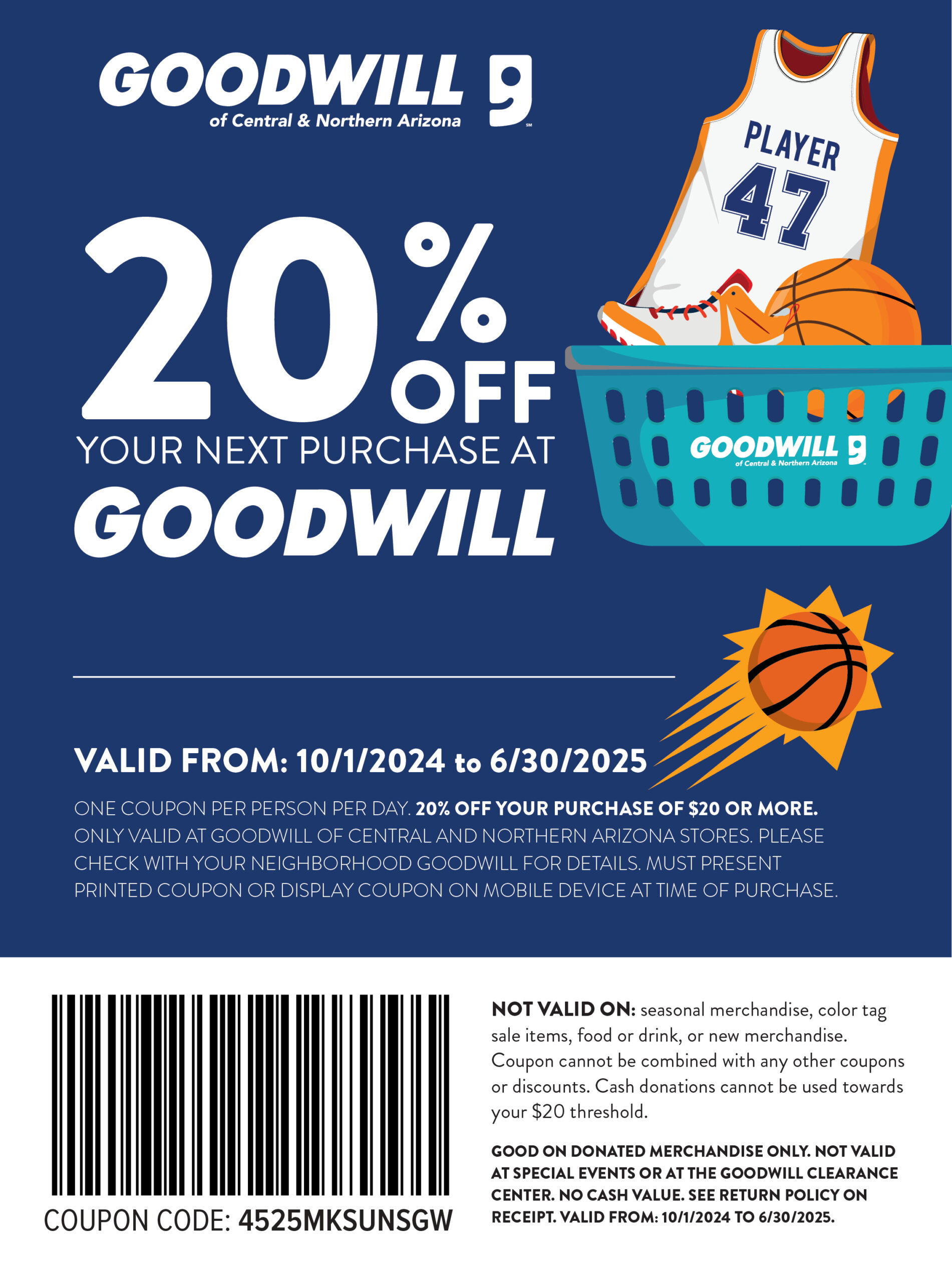 A 20% coupon | A basketball and Jersey coming out of a laundry bin