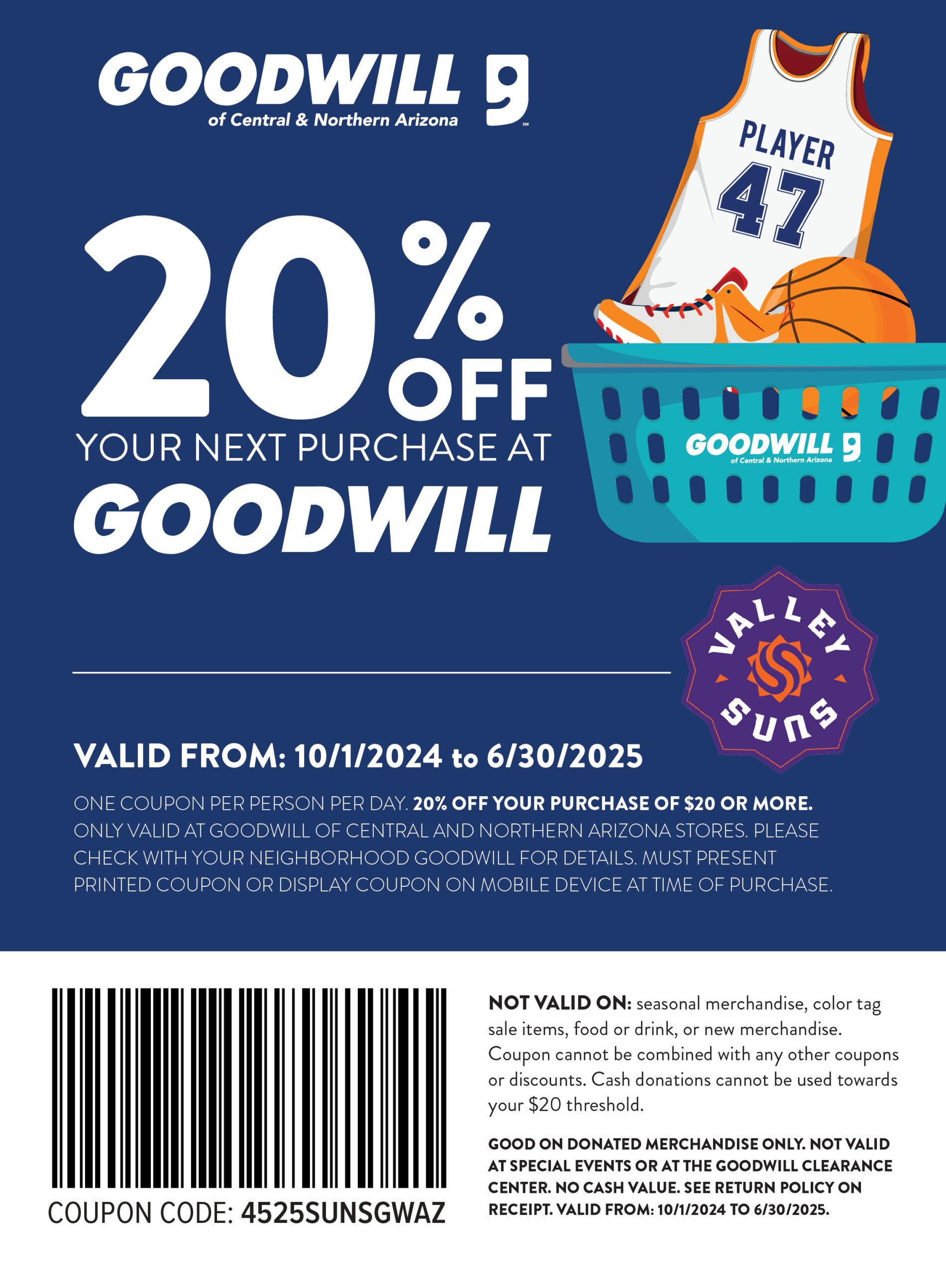 A 20% coupon | A basketball and Jersey coming out of a laundry bin