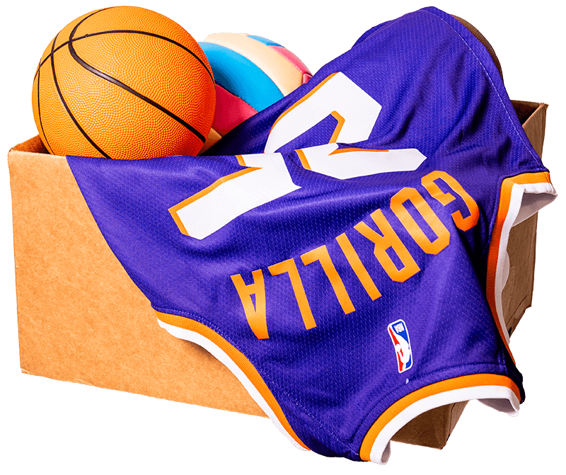 A basketball jersey and ball coming out of a box