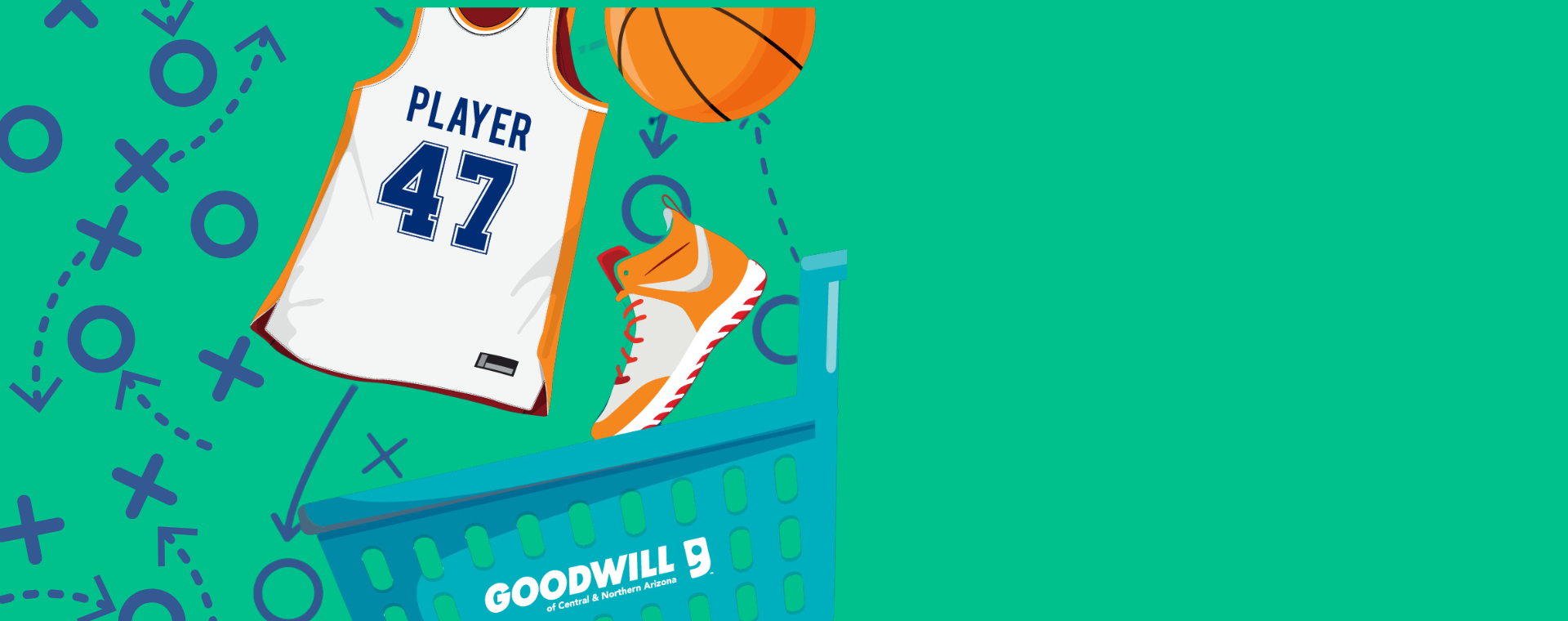 A cartoon basketball jersey and shoes going into a goodwill cart