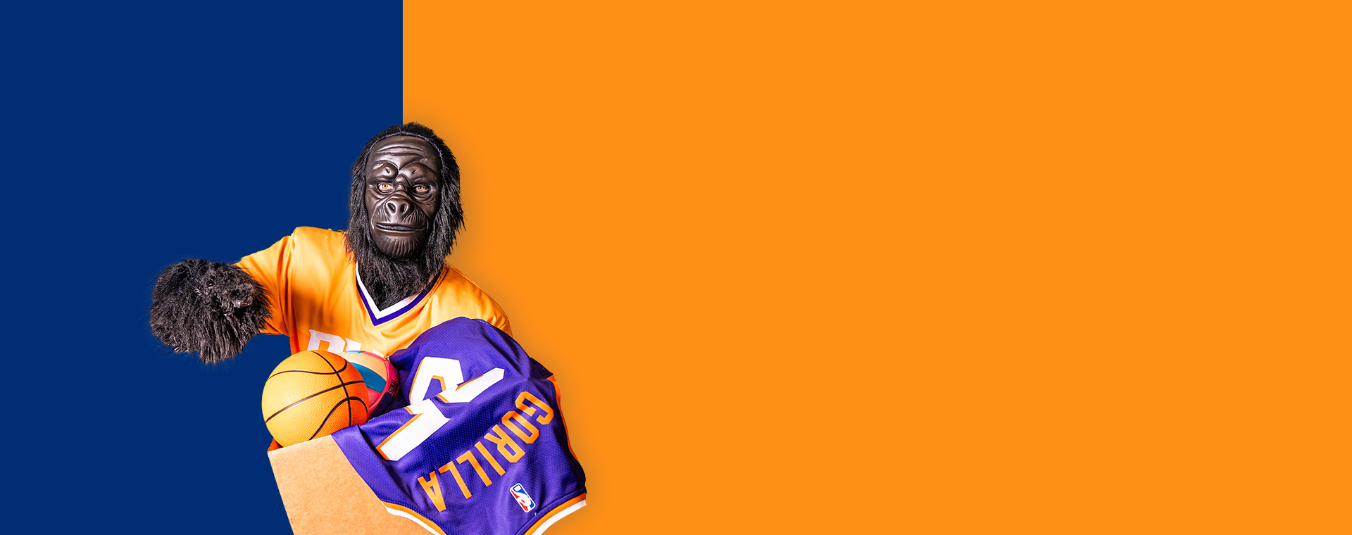 Suns mascot on a blue and orange background