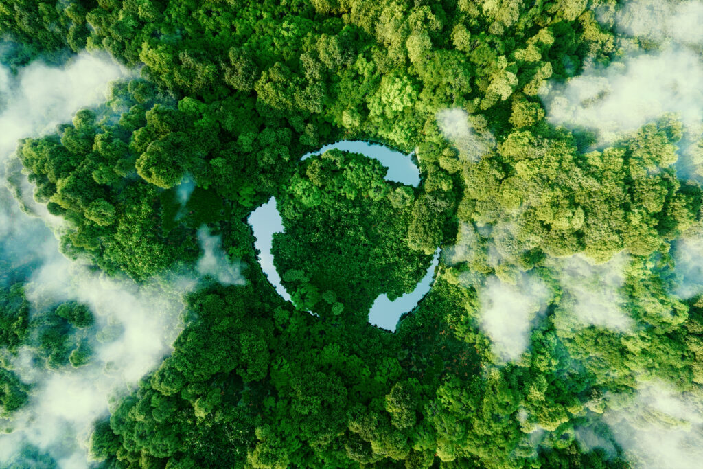 Bird's eye view of trees and a recycling logo