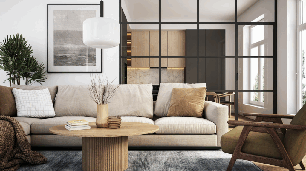 An interior of a house. Living room and table decor