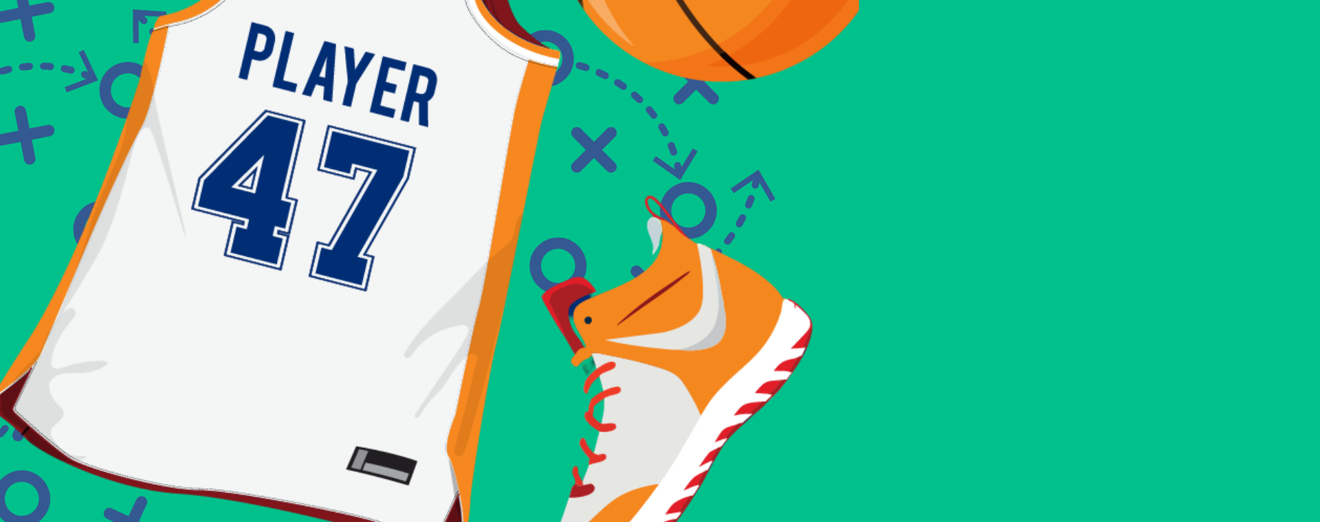 A basketball, a basketball shoe and a basketball jersey with the number 47