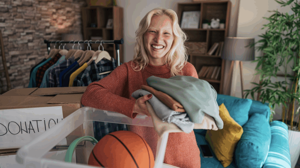 A women putting multiple pieces of clothing into a storage bin