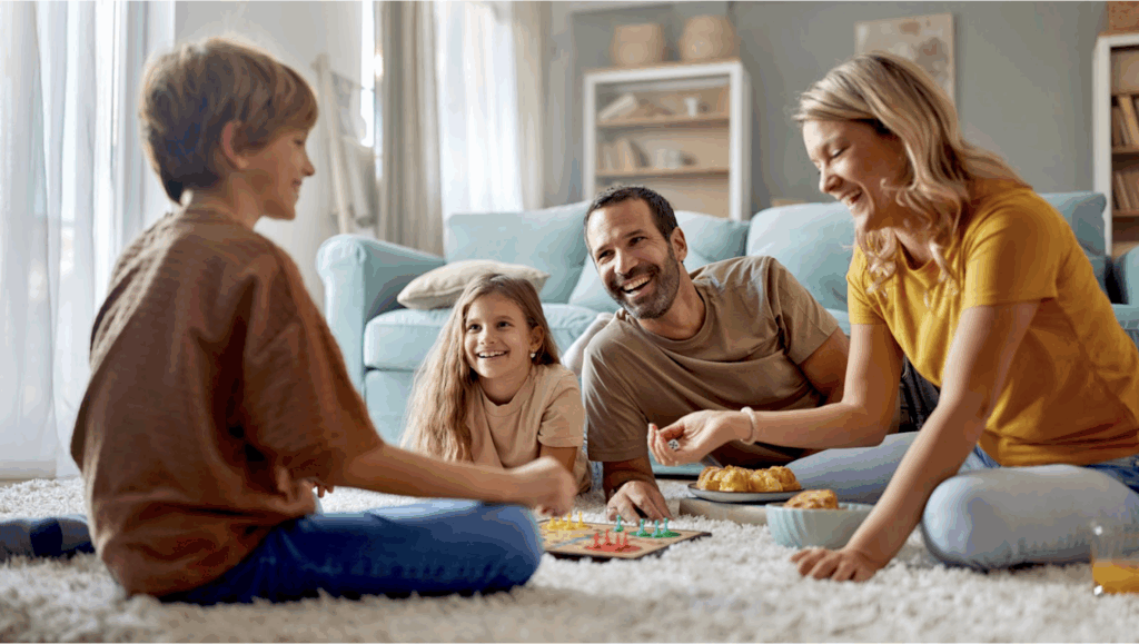 A family playing a board game on the floor in a house