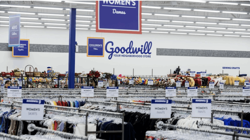 Interior of a Goodwill store with the aisles full of items