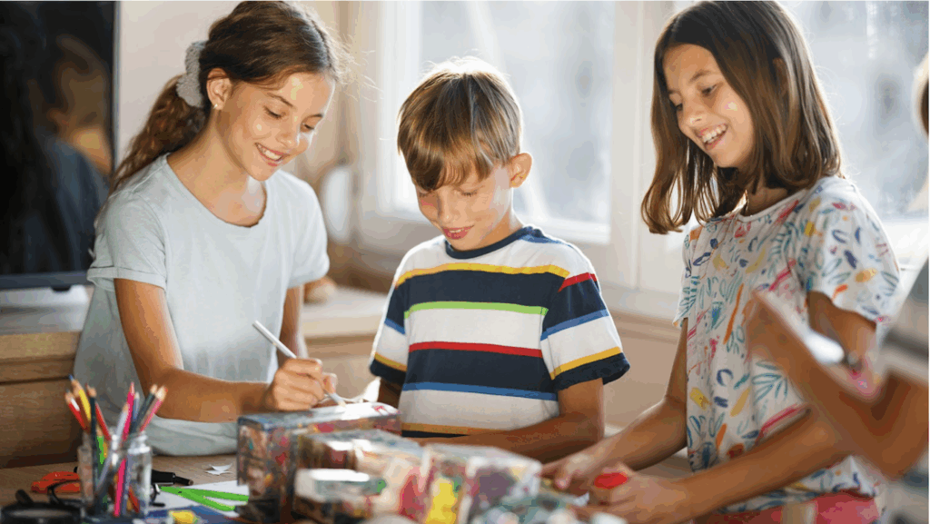 Three kids crafting at a table