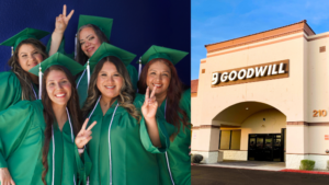 A graduating class of Excel Center students smile and pose for a graduation photo.